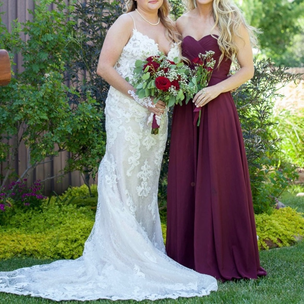David’s bridal wine strapless bridesmaid dress